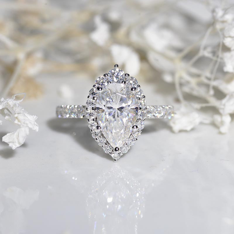 Luxury 3 Carat Pear Cut Halo Moissanite 14K Solid White Gold
