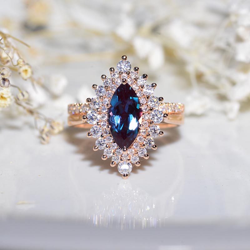 14K White Gold 2 Carat Marquise Cut Alexandrite Double Halo Engagement Ring Set Model 1256