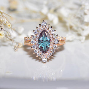 Portuguese Cut Alexandrite Floral Halo Engagement Ring Model 985-7