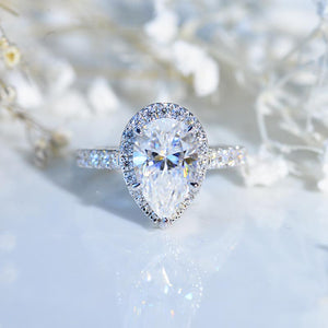 14K Solid White Gold 3 Carat Halo Pear Cut Moissanite Royal Engagement Ring