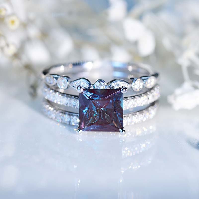 14K White Gold 2 Carat Princess Cut Alexandrite Engagement Ring Eternity Ring Set