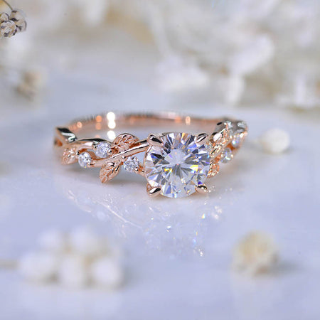 2 Carat Gray Round Brilliant Cut Moissanite Floral Rose Gold Engagement Ring