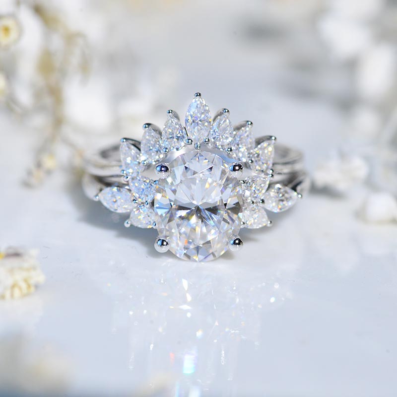 Oval Moissanite Engagement Ring Set, Vintage Unique White Gold Engagement Ring, Women Marquise Wedding Bridal Anniversary Set Gift