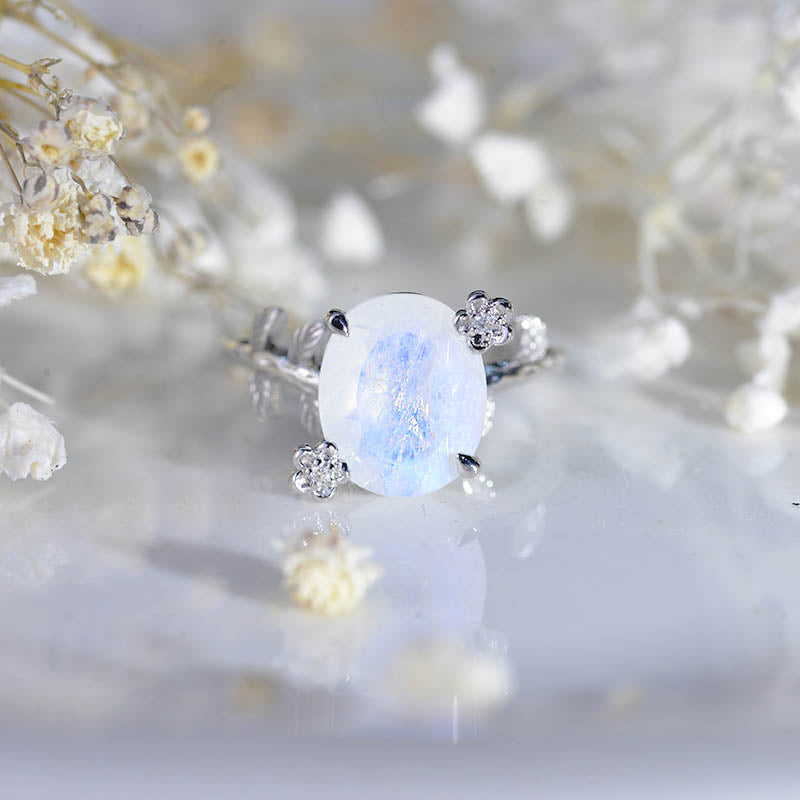 White Gold Dainty Natural Moonstone Leaf Ring, 5 Carat Oval Moonstone Twig Ring