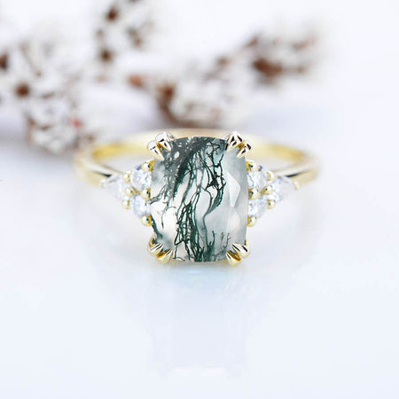 2.5Ct Cushion Moss Agate Vintage Engagement Ring, Cushion Moss Agate Engagement Ring, Genuine Moss Agate Side Accents Stones 14K Rose Gold Ring