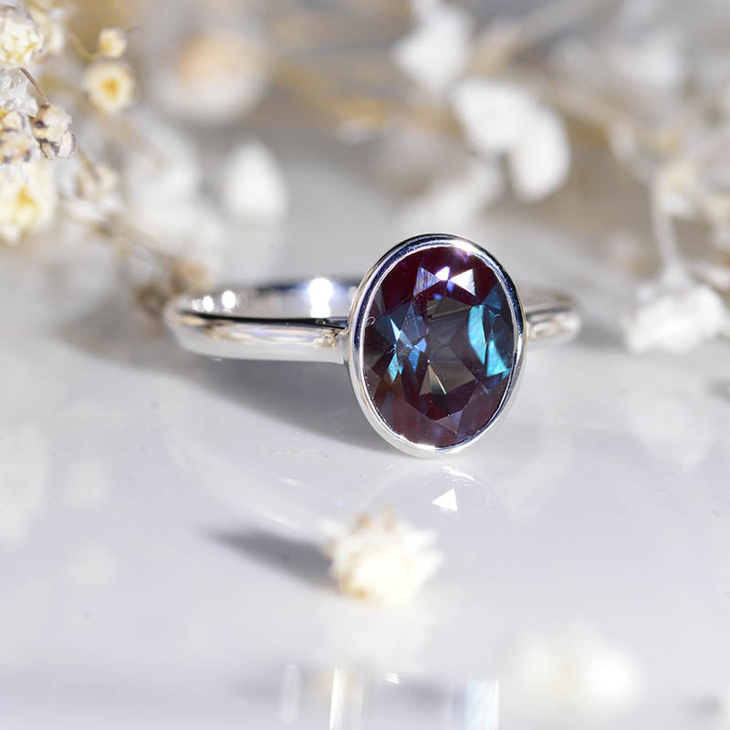 3 Carat Oval Alexandrite Bezel Set White Gold Engagement Ring