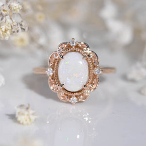 2 Carat Oval White Opal Halo Vintage 14K Rose Gold Engagement Ring