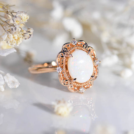 2 Carat Oval White Opal Halo Vintage 14K Rose Gold Engagement Ring