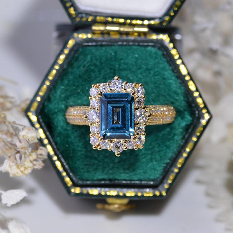 2 Carat Vintage Style Emerald Cut LAB Teal Sapphire White Gold Engagement Ring