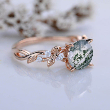 2 Carat Round Brilliant Cut Moss Agate Floral Rose Gold Engagement Ring