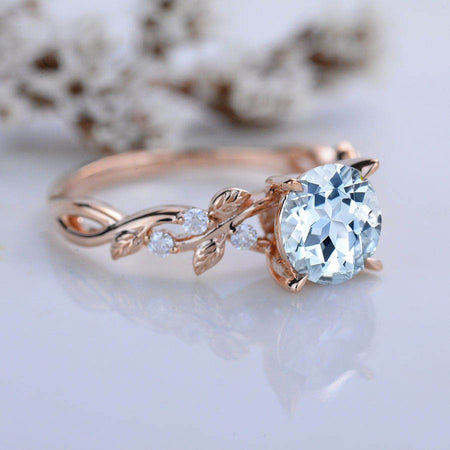 2 Carat Round Brilliant Cut Aquamarine Floral Rose Gold Engagement Ring