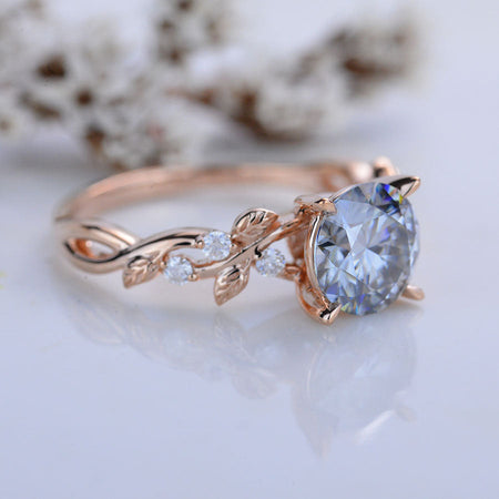 2 Carat Gray Round Brilliant Cut Moissanite Floral Rose Gold Engagement Ring