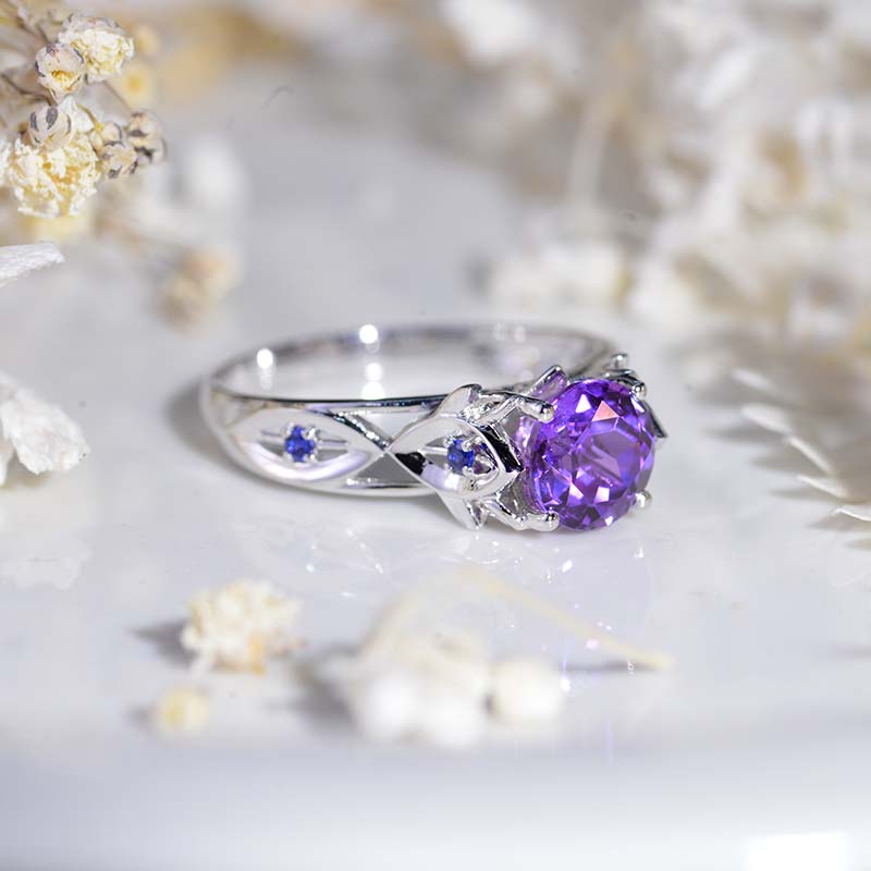 Round Celtic Purple Sapphire Floral Shank Gold Engagement Ring