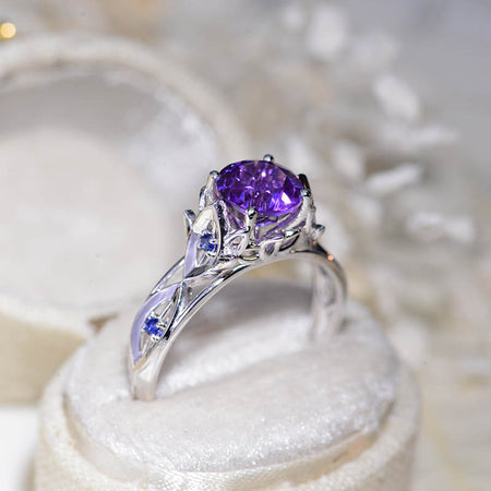 Round Celtic Purple Sapphire Floral Shank Gold Engagement Ring