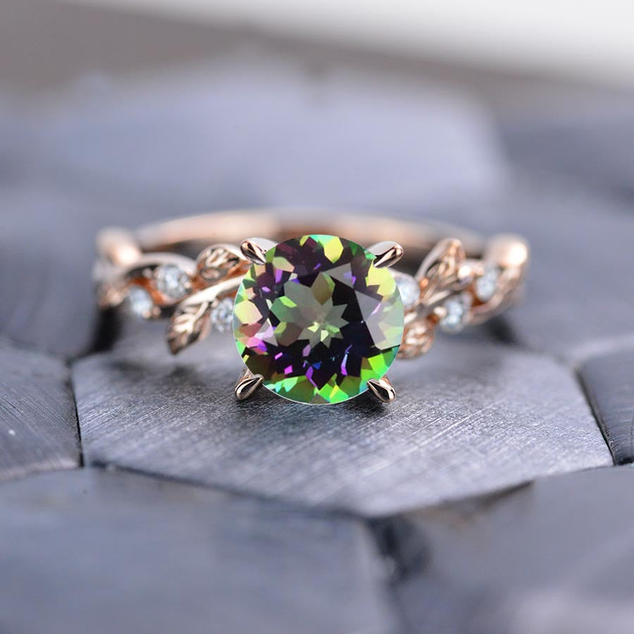 2 Carat Round Brilliant Cut Mystic Topaz Floral Rose Gold Engagement Ring 10.75 14K Yellow Gold