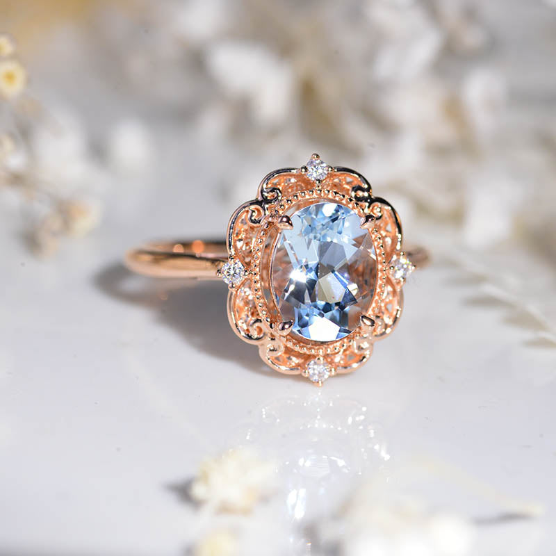 Vintage Aquamarine Engagement Ring Rose Gold wedding Ring 2ct Antique Oval cut Bridal ring Art deco Halo Ring Milgrain Anniversary ring