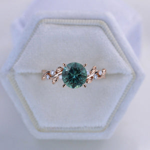 2 Carat Teal Sapphire Floral Yellow Gold Engagement Ring