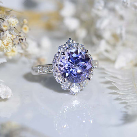 3 Carat Round Lavender Purple Sapphire Halo Gold Engagement Ring