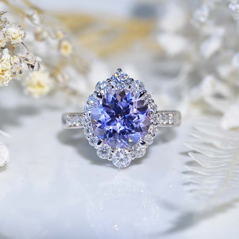 3 Carat Round Lavender Purple Sapphire Halo Gold Engagement Ring