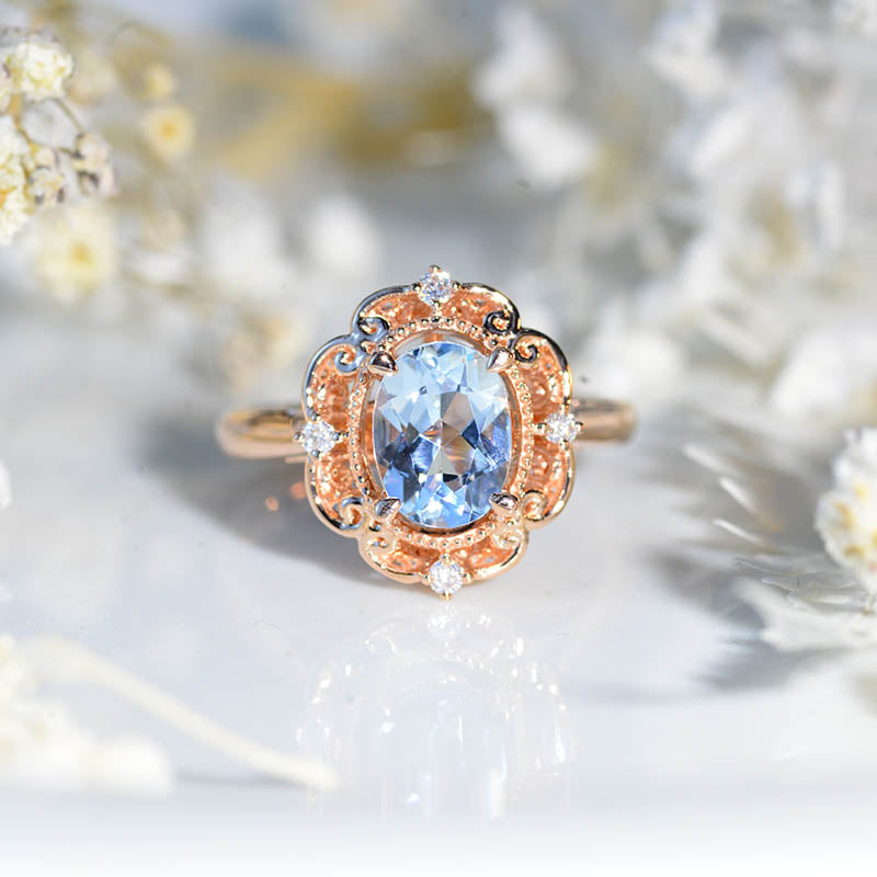 10K Solid Rose Gold Dainty Genuine Natural Aquamarine Ring, 1.5ct Oval Cut Genuine Natural Aquamarine Ring, Rose Gold Ring Unique Oval Halo Vintage Ring.