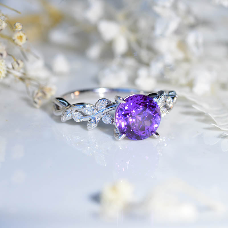 2 Carat Round Lavender Purple Sapphire Floral White Gold Engagement Ring