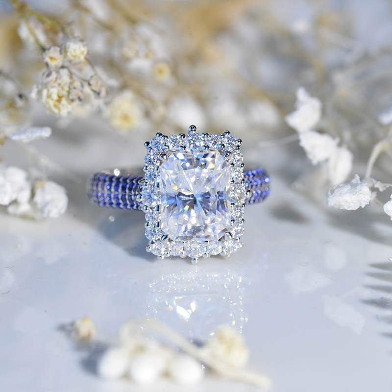 4Ct Moissanite Engagement Ring Halo Radiant Cut Moissanite Engagement Ring, 10x8mm Radiant Cut Moissanite 18K White Gold Engagement Ring
