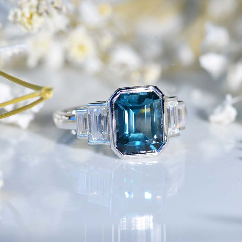 3 Carat Teal Sapphire Emerald Cut Bezel Set Teal Sapphire Five-Stone  Engagement Ring