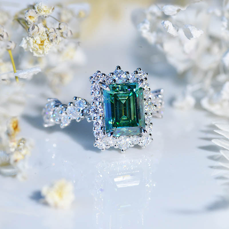 3 Carat Vintage Style 9x7mm Green Radiant Cut Giliarto Moissanite Gold Floral Shank Engagement Ring