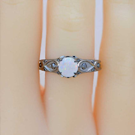 14K Black Gold Genuine White Opal Celtic Engagement Ring