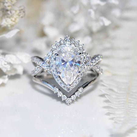 14K White Gold 3 Carat Pear Moissanite Diamonds Halo Twisted Engagement Ring Eternity Ring Set