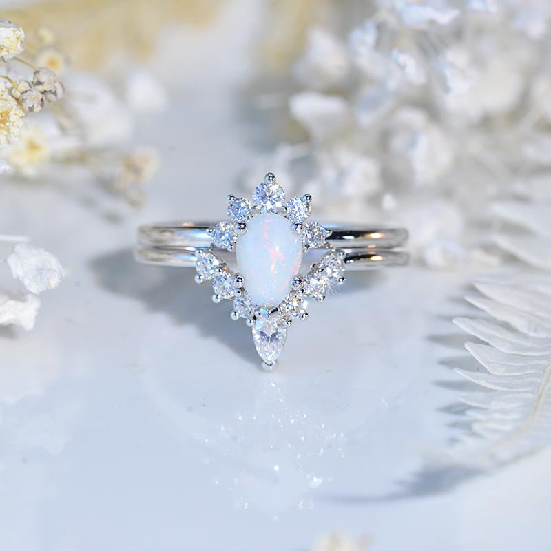 14K White Gold 1.5 Carat Pear Genuine Natural White Opal Halo Twisted Engagement Ring Eternity Ring Set