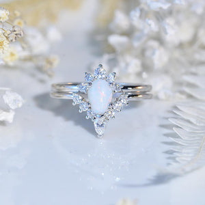14K White Gold 1.5 Carat Pear Genuine Natural White Opal Halo Twisted Engagement Ring Eternity Ring Set