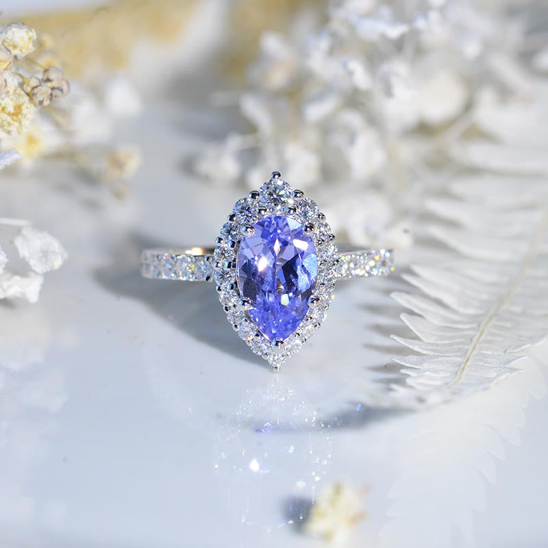 14K White Gold 3 Carat Lavender Sapphire Pear Cut Halo Moissanite Ring