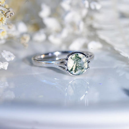 1.5 Carat Genuine Moss Agate Gold Floral Engagement Ring