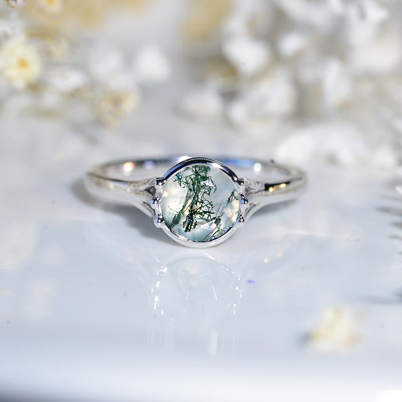 1.5 Carat Genuine Moss Agate Gold Bezel Engagement Ring