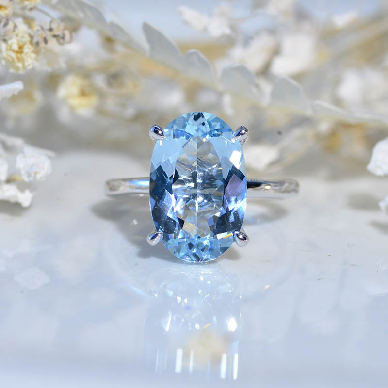 6 Carat Oval Cut Genuine Natural Aquamarine Ring, Hidden Halo Gold Engagement Ring