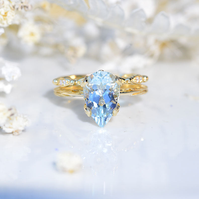 3 Carat Pear Aquamarine 14K Rose Gold Engagement. Eternity Ring. Set of Two Rings. Leaf Floral Ring Design