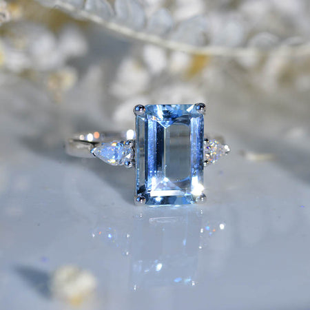 4 Carat Giliarto Elongated Emerald Cut Natural Aquamarine Gold Engagement Ring