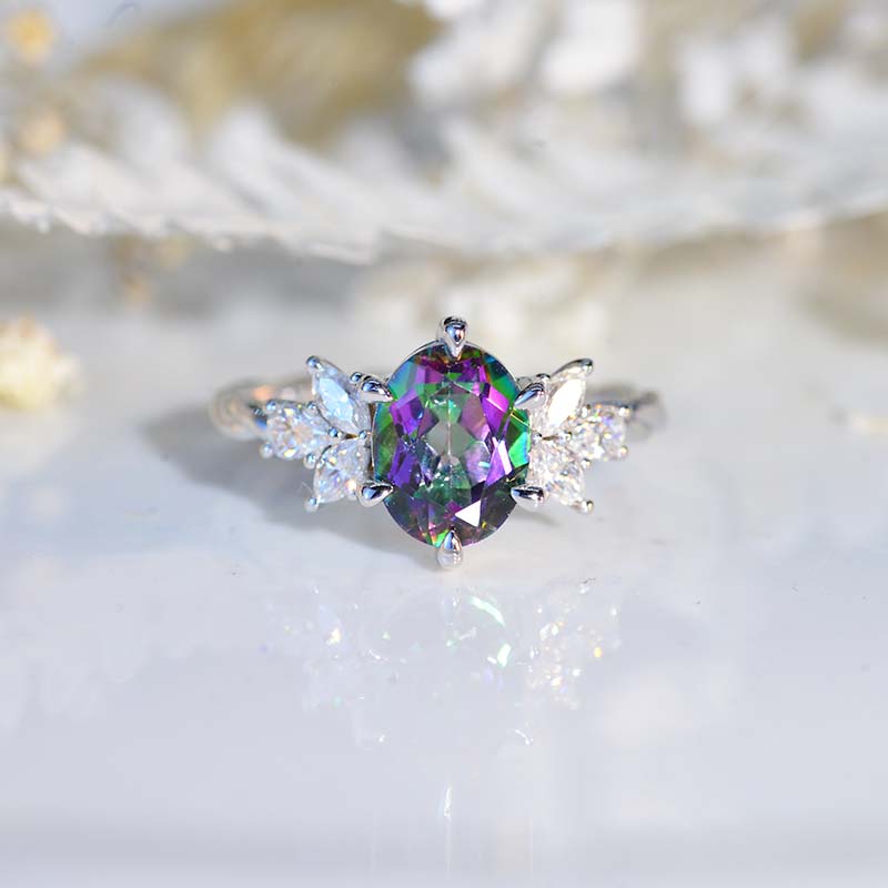 2 Carat Genuine Natural Mystic Topaz Engagement Ring, Vintage Genuine Natural Mystic Topaz Cut Rose Gold Ring, 2ct Oval Rope Shank Ring 14k rose gold