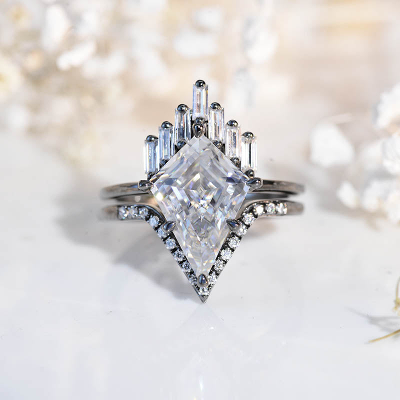 14K Black Gold 4 Carat Kite Moissanite Halo Engagement Ring, Eternity Ring Set