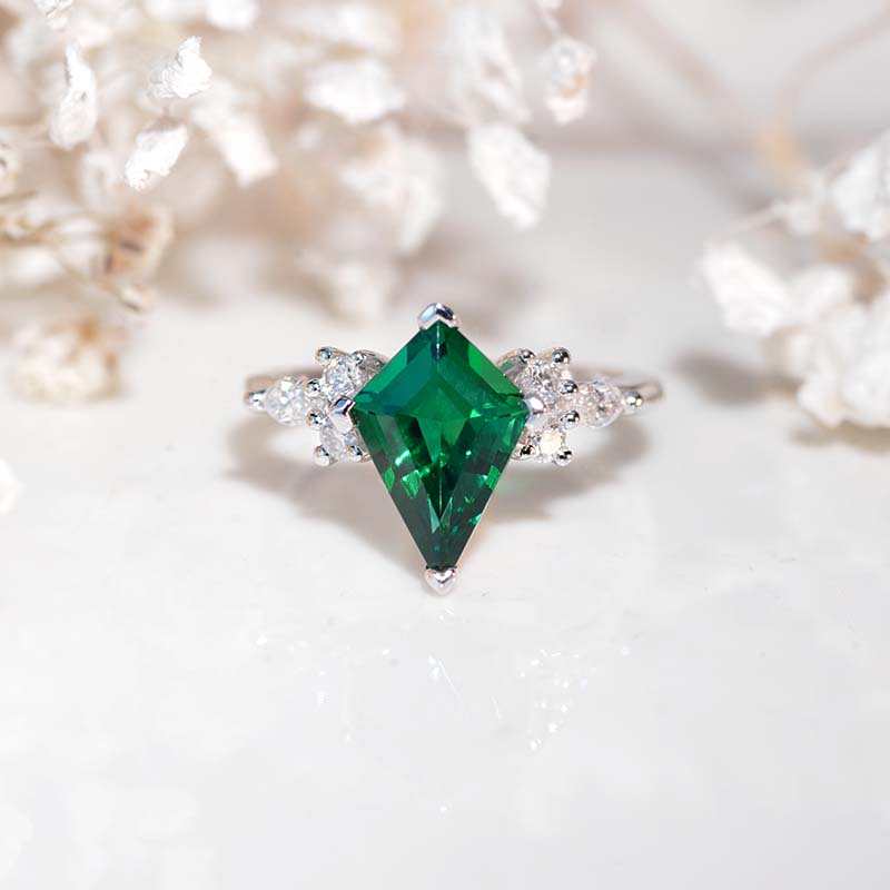 3 Carat Kite Emerald Engagement Ring. 3CT Fancy Shape Emerald Gold Ring