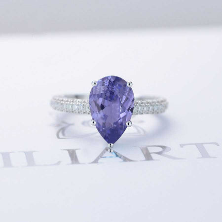 3 Carat Pear Cut Purple Sapphire Hidden Halo Gold Engagement Ring 