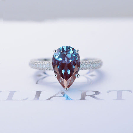 3 Carat Pear Cut Alexandrite Hidden Halo Gold Engagement Ring