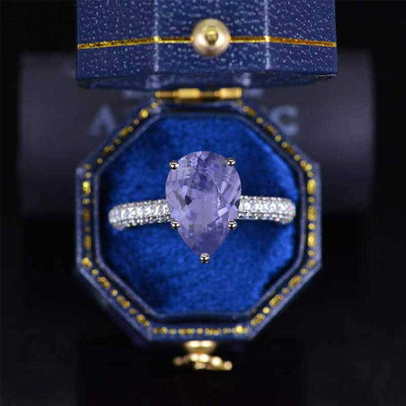 3 Carat Pear Cut Purple Sapphire Hidden Halo Gold Engagement Ring