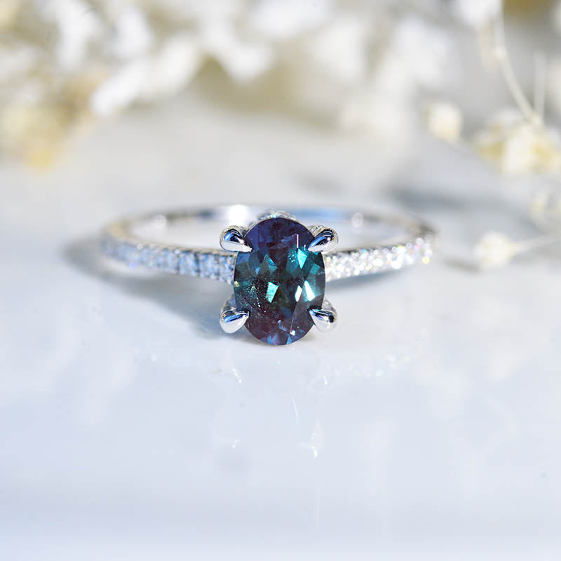 1 Carat Carat Oval Alexandrite Ring, Hidden Halo Gold Engagement Ring