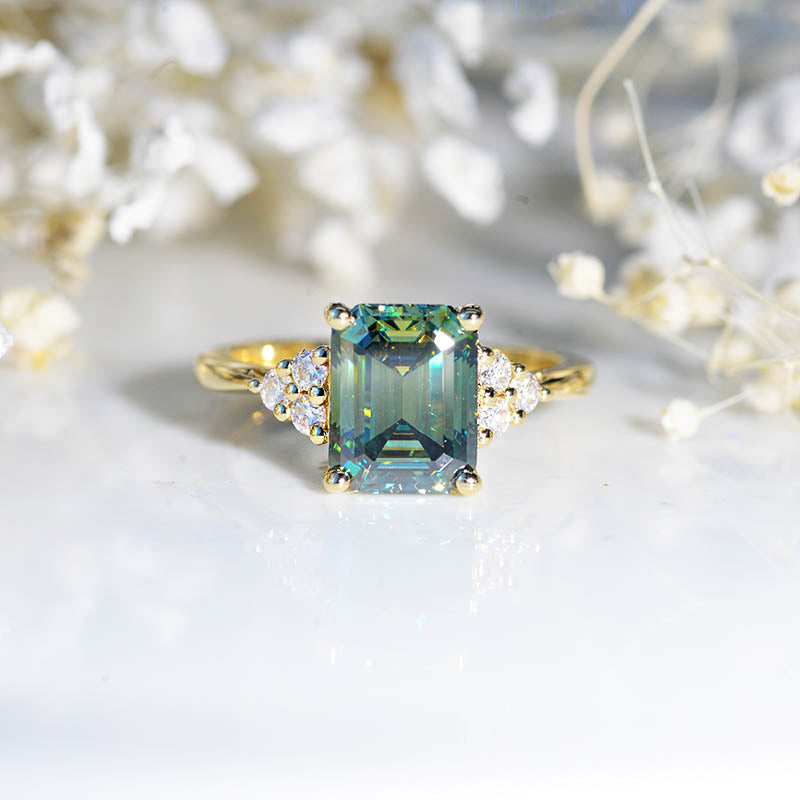 3 Carat Emerald Cut Green Moissanite Luxury Vintage Ring