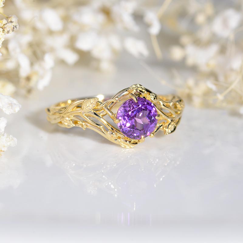 7mm Round Purple Sapphire Floral Style Engagement Ring