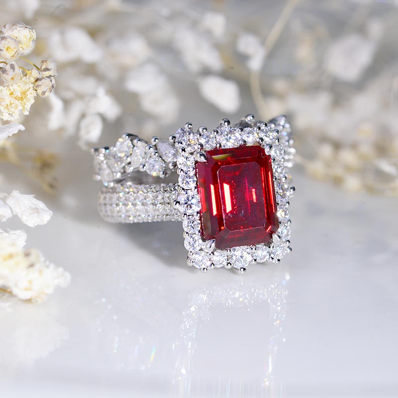 4Ct Ruby Engagement Ring Halo Emerald Cut Ruby Engagement Ring, 10x8mm Step Cut Ruby Engagement Ring with Eternity Band