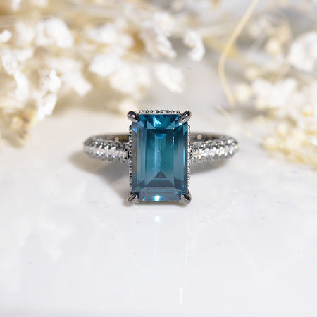 4ct Emerald Cut Teal Sapphire Black Gold Engagement Ring