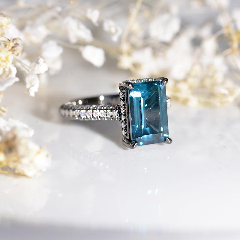 4ct Emerald Cut Teal Sapphire Black Gold Engagement Ring